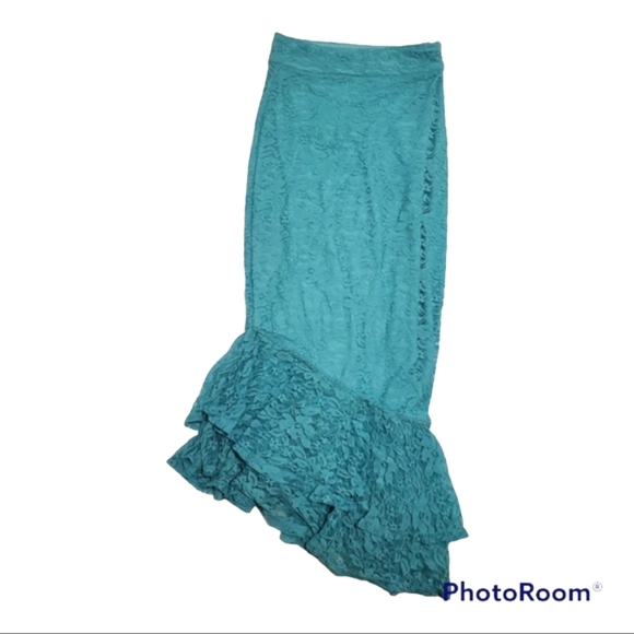 BEBE Teal Turquoise Lace Assymetrical Mermaid Midi Skirt - Size XXS, 00 - Picture 1 of 6